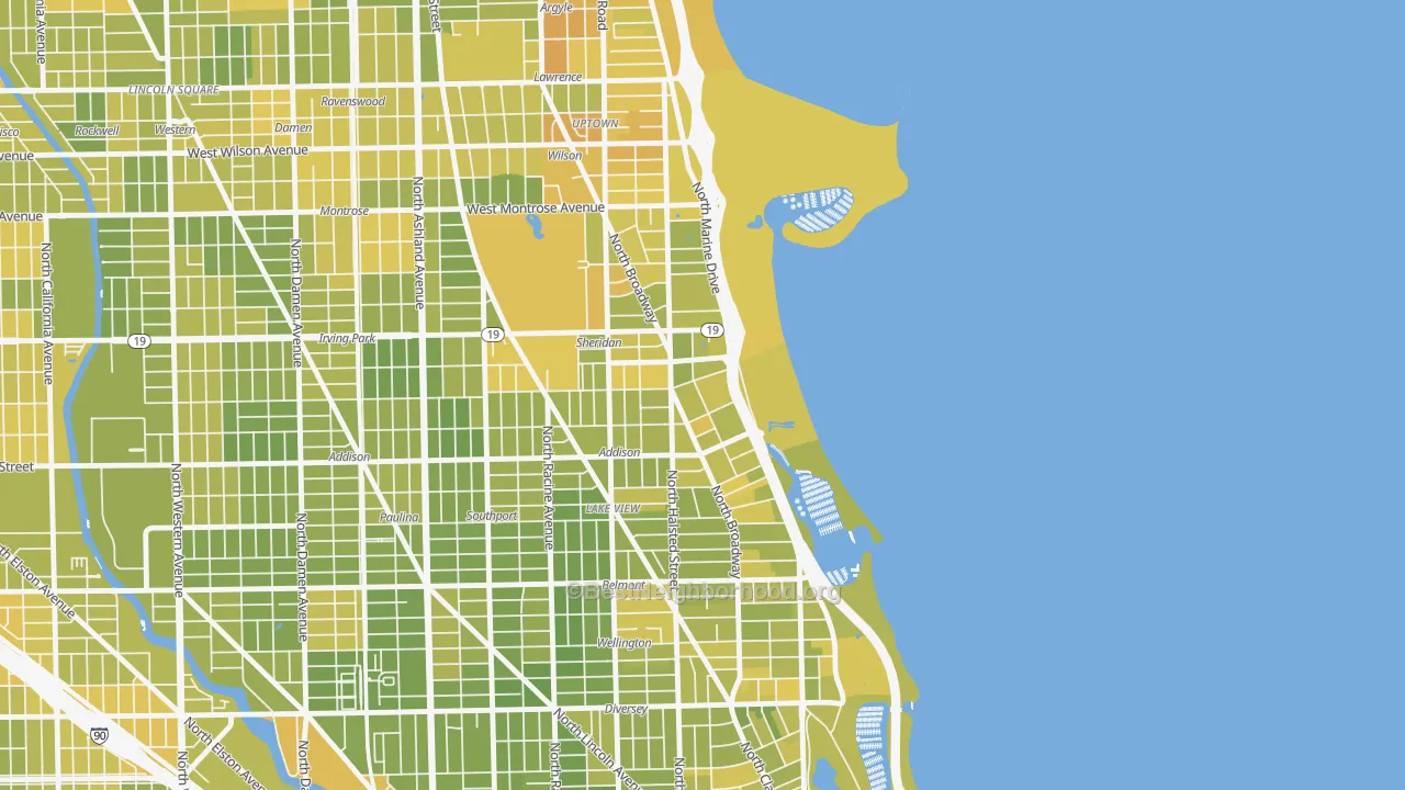 Map of the best neighborhoods in the Pine Grove, Chicago area, with better matches in green and worse matches in red