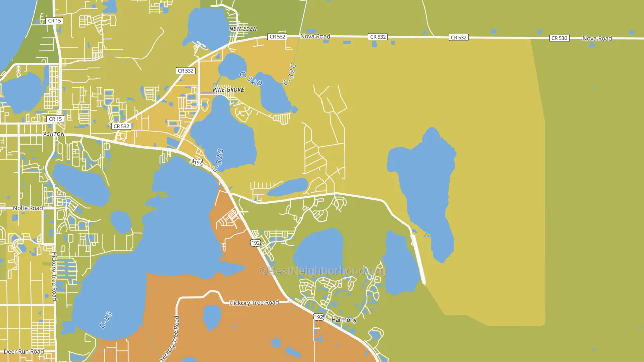 Map of the best neighborhoods in the Pine Grove area, with better matches in green and worse matches in red