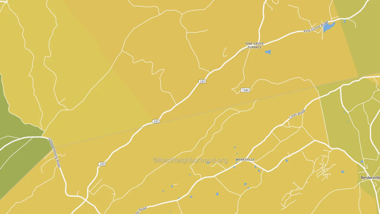 Map of the best neighborhoods in the Pine Grove Furnace area, with better matches in green and worse matches in red