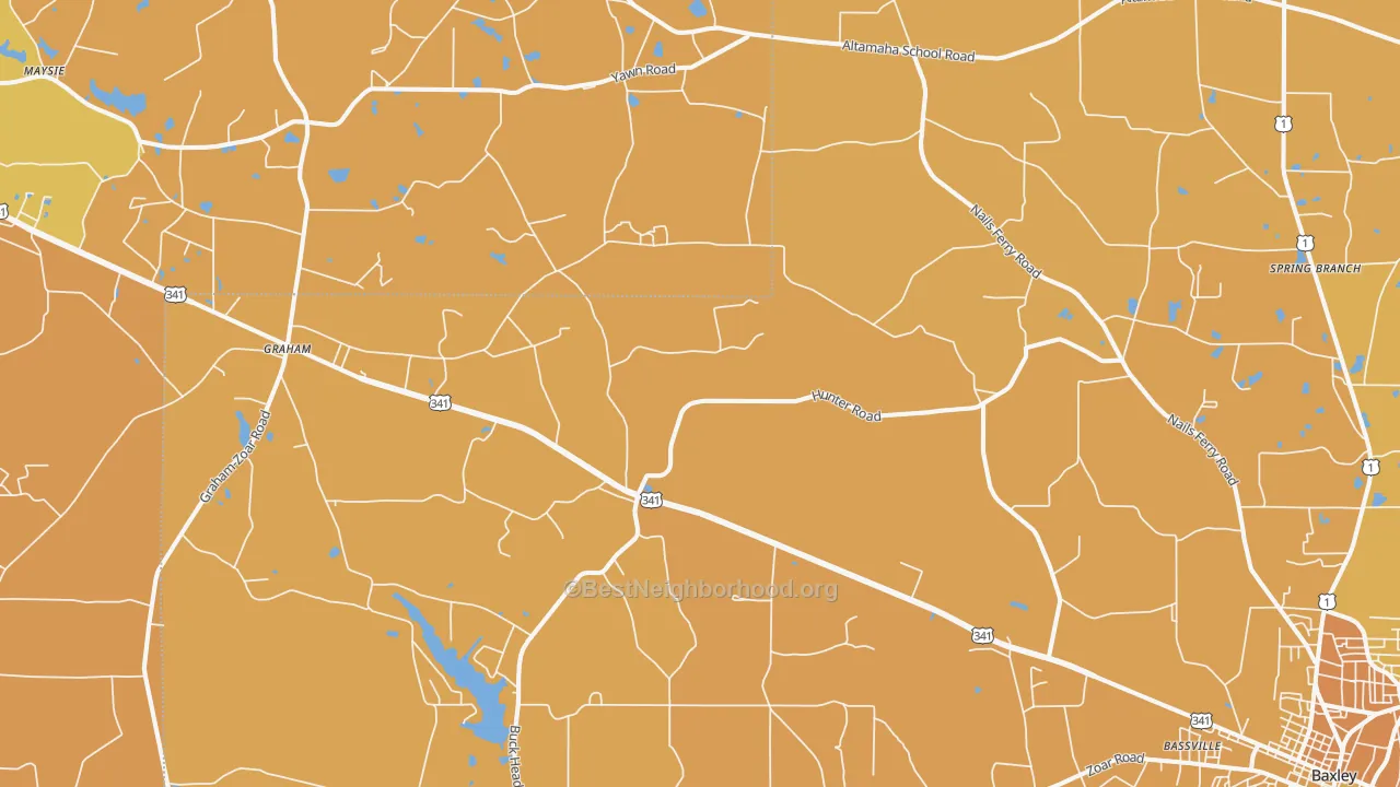 Map of the best neighborhoods in the Pine Grove area, with better matches in green and worse matches in red