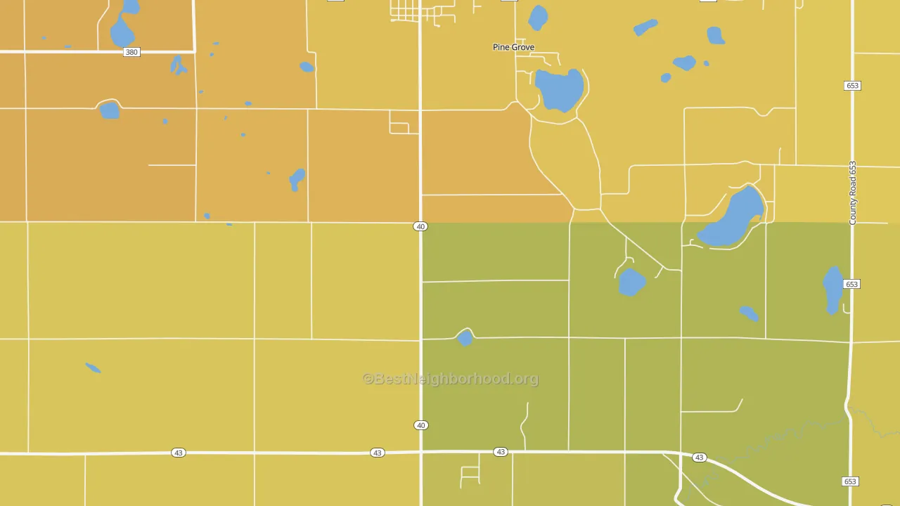 Map of the best neighborhoods in the Pine Grove area, with better matches in green and worse matches in red