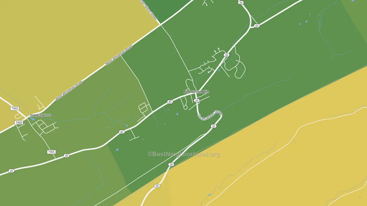 Map of the best neighborhoods in the Pine Grove Mills area, with better matches in green and worse matches in red