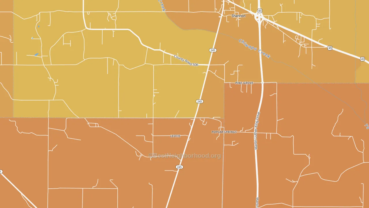 Map of the best neighborhoods in the Pine Grove area, with better matches in green and worse matches in red