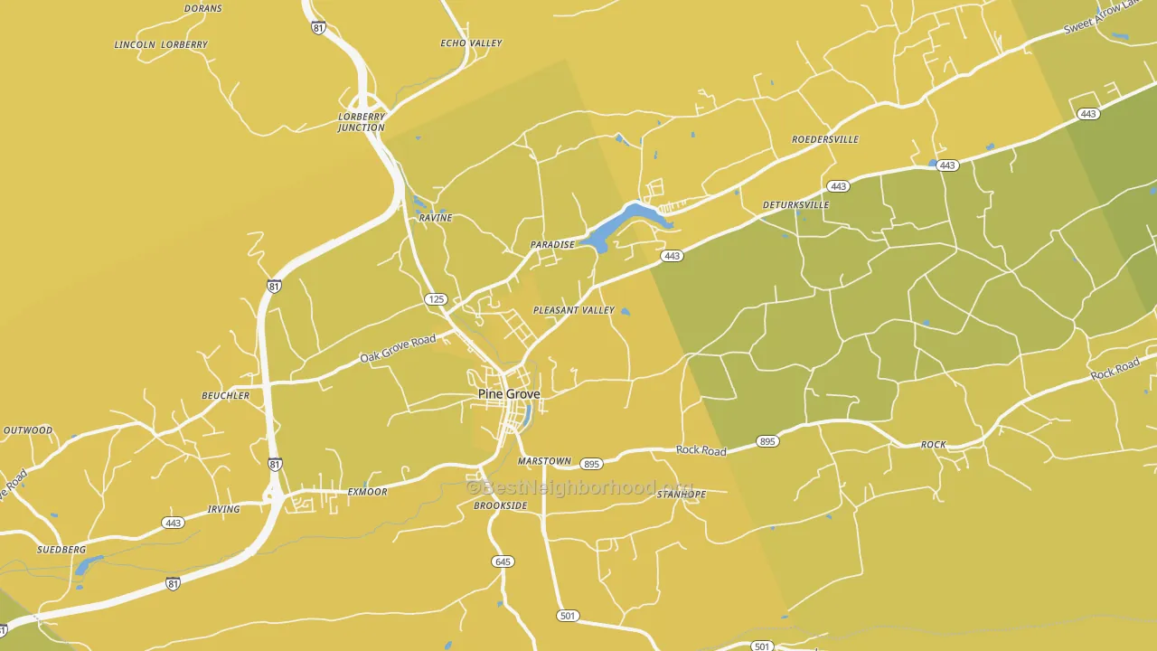 Map of the best neighborhoods in the Pine Grove area, with better matches in green and worse matches in red