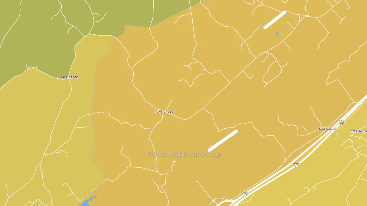 Map of the best neighborhoods in the Pine Grove area, with better matches in green and worse matches in red