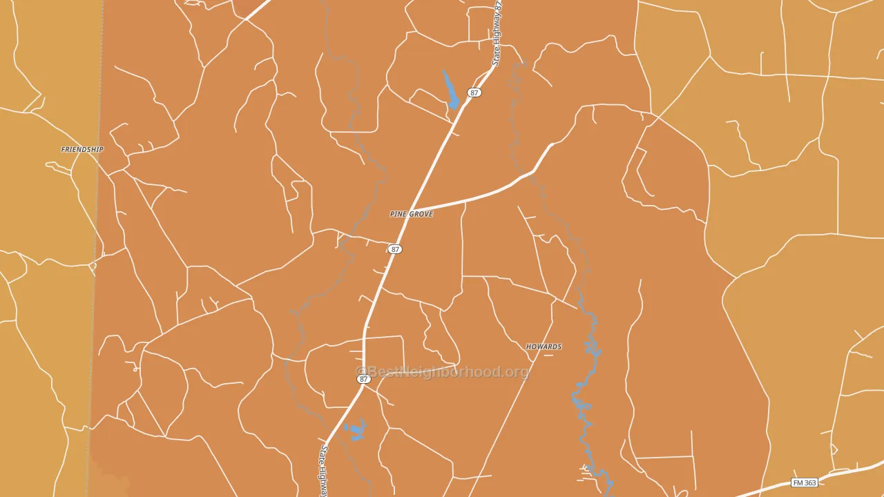 Map of the best neighborhoods in the Pine Grove area, with better matches in green and worse matches in red