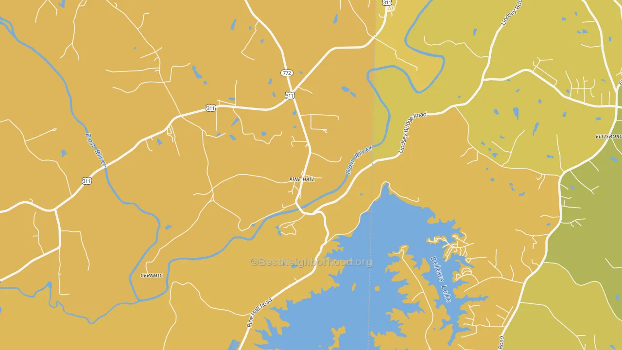 Map of the best neighborhoods in the Pine Hall area, with better matches in green and worse matches in red