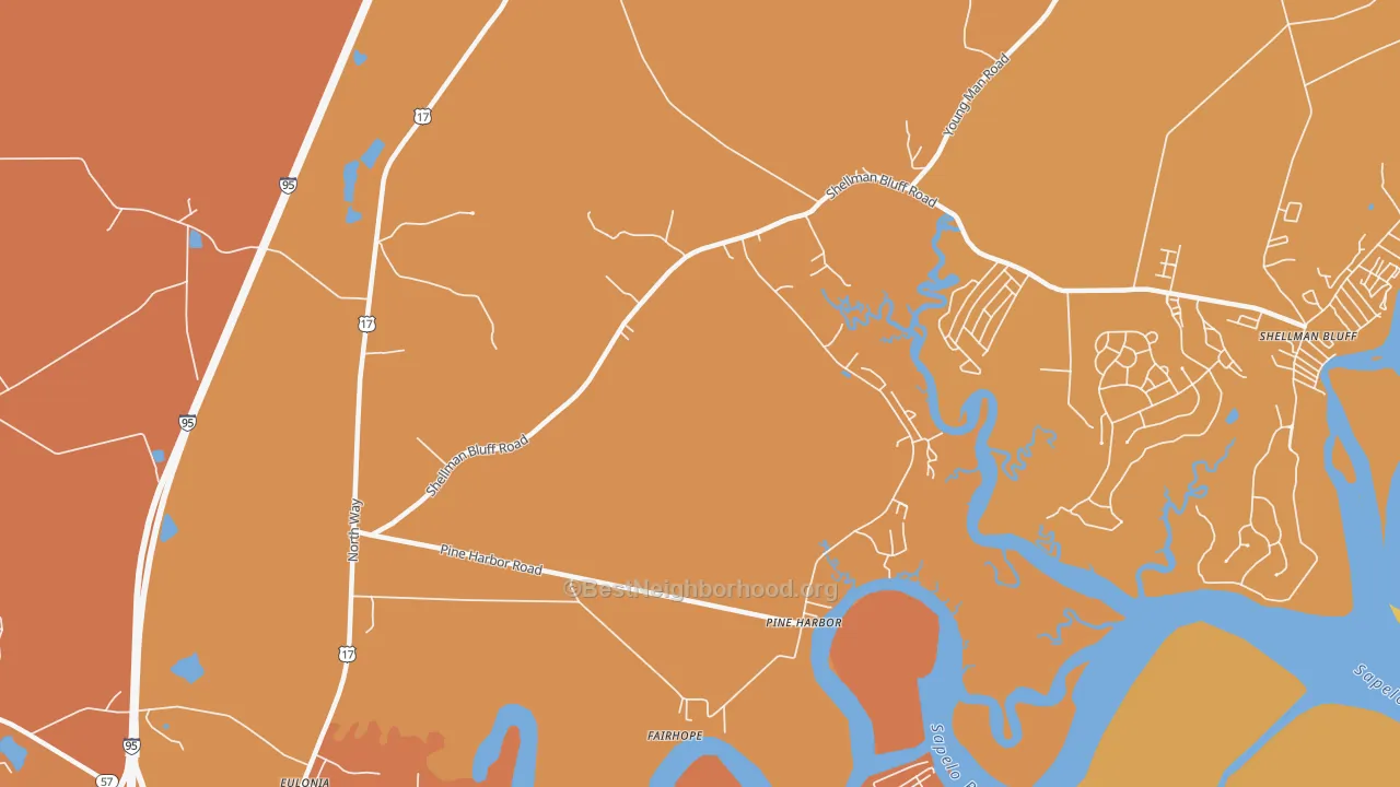 Map of the best neighborhoods in the Pine Harbor area, with better matches in green and worse matches in red