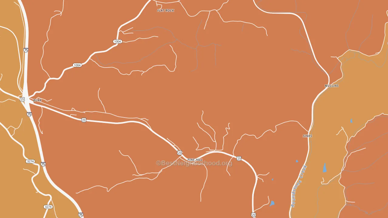 Map of the best neighborhoods in the Pine Hill area, with better matches in green and worse matches in red