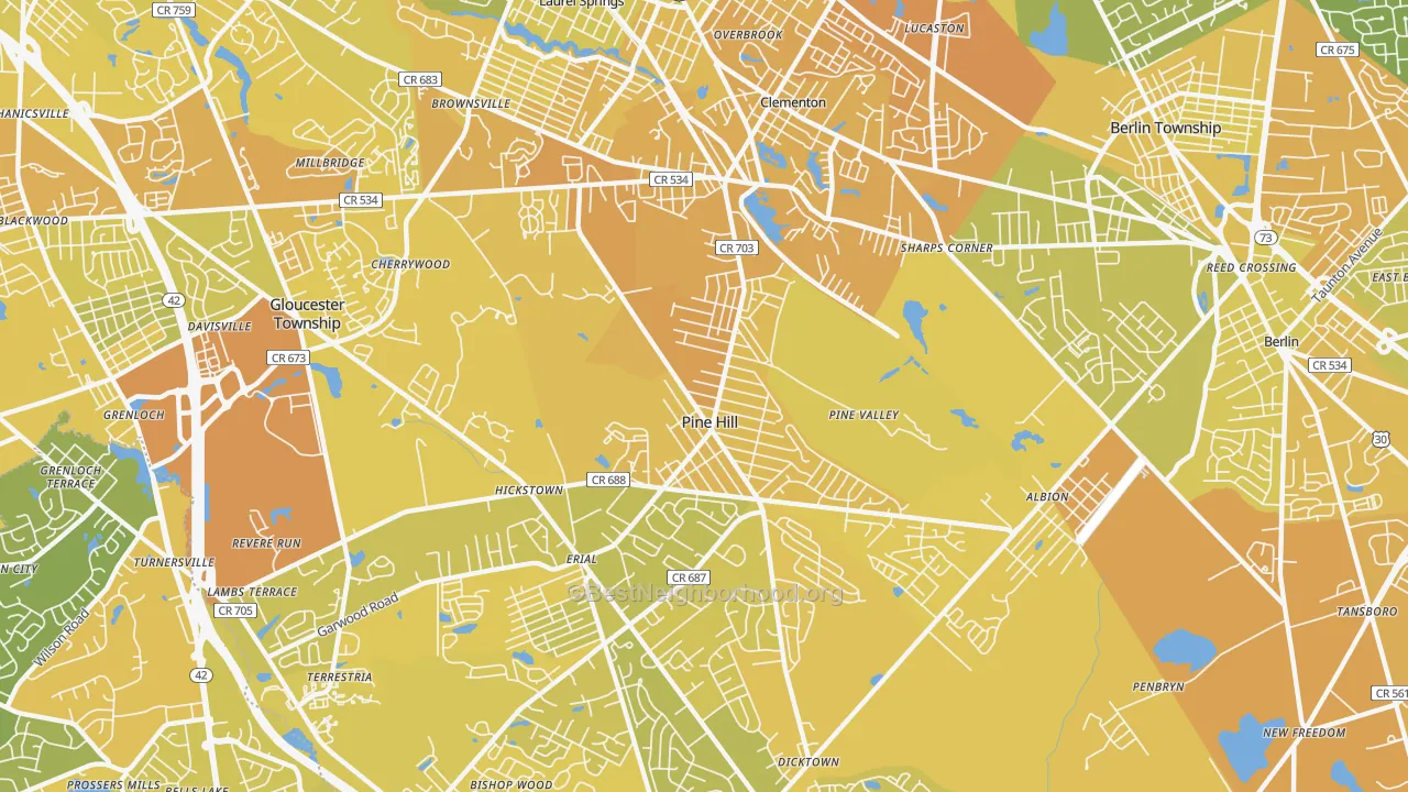 Map of the best neighborhoods in the Pine Hill area, with better matches in green and worse matches in red