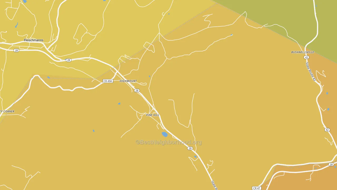 Map of the best neighborhoods in the Pine Hill area, with better matches in green and worse matches in red