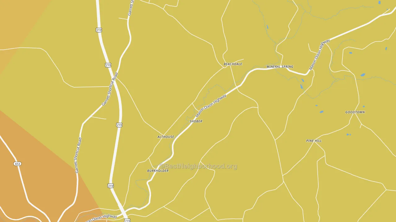 Map of the best neighborhoods in the Pine Hill area, with better matches in green and worse matches in red
