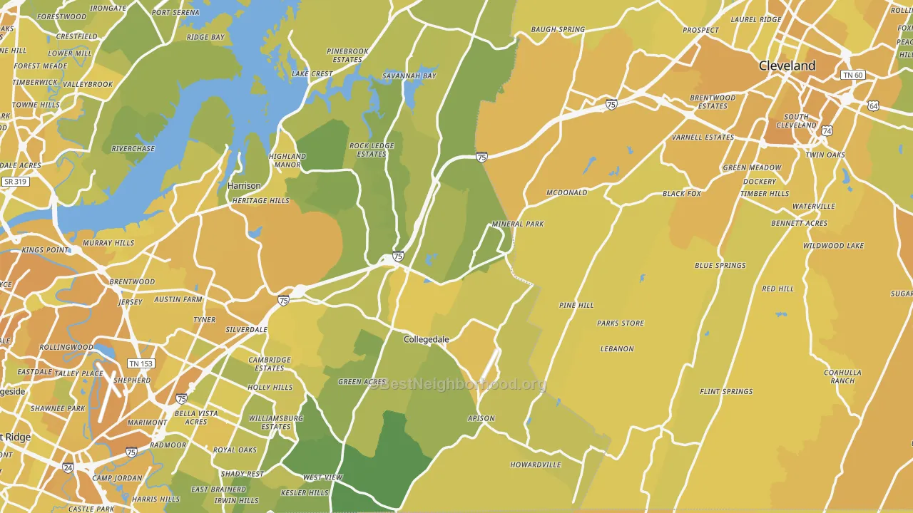 Map of the best neighborhoods in the Pine Hill area, with better matches in green and worse matches in red