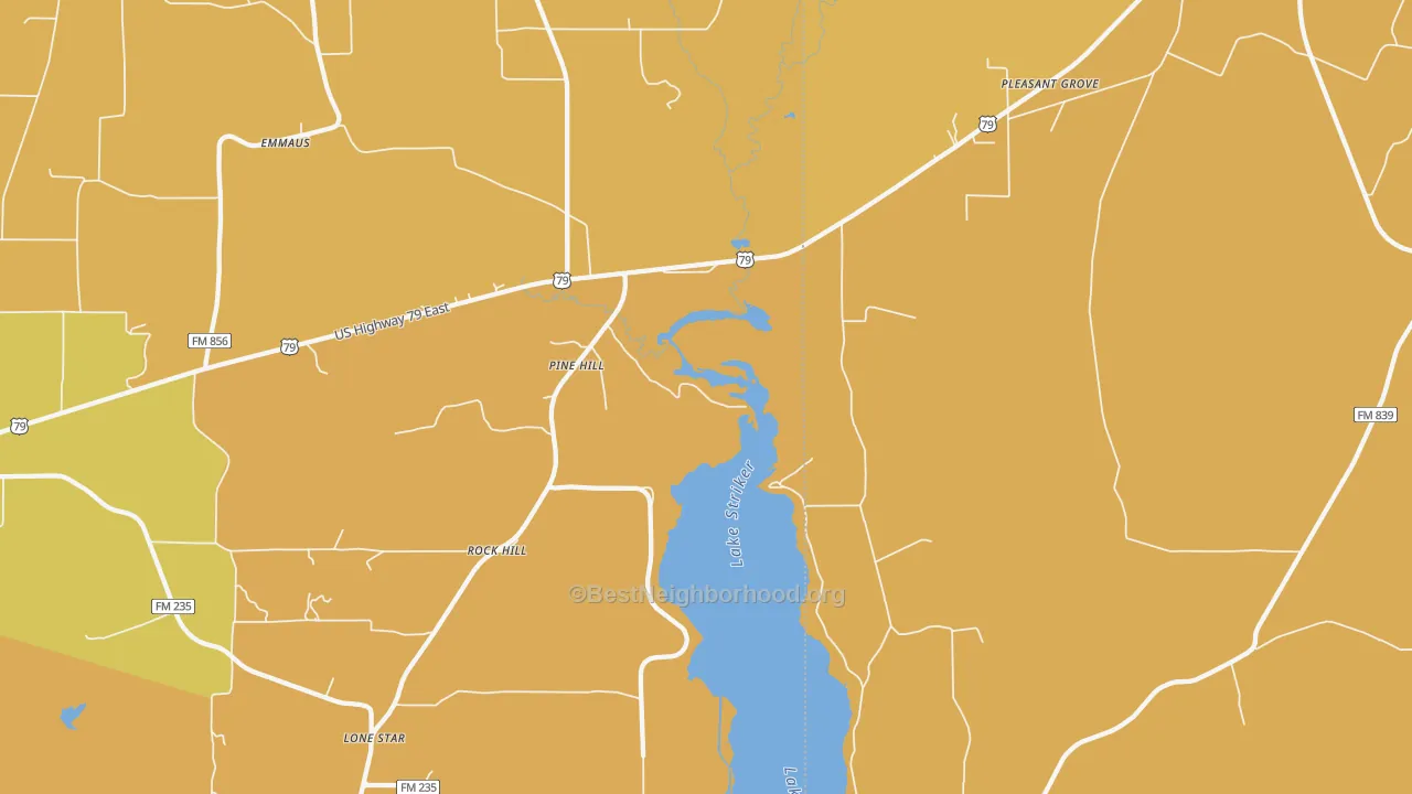 Map of the best neighborhoods in the Pine Hill area, with better matches in green and worse matches in red
