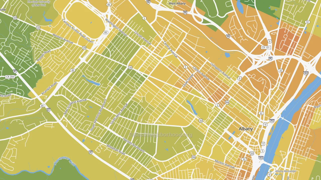 Map of the best neighborhoods in the Pine Hills, Albany area, with better matches in green and worse matches in red