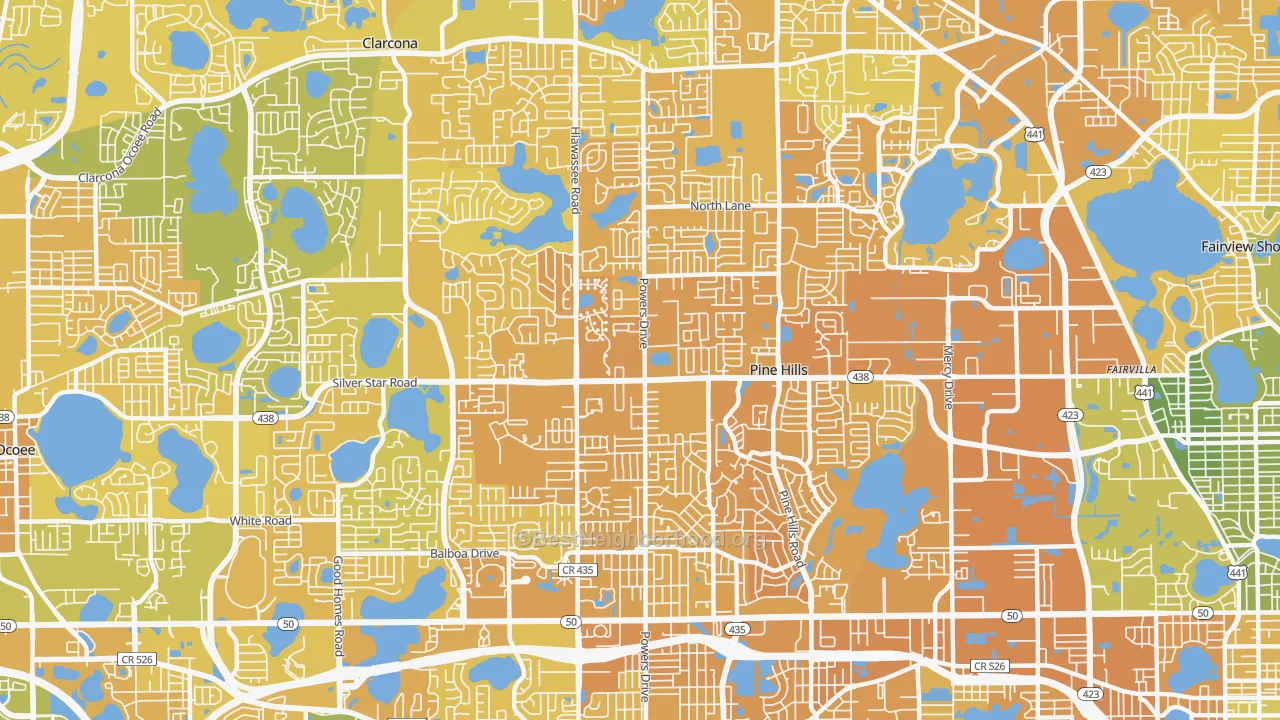 Map of the best neighborhoods in the Pine Hills area, with better matches in green and worse matches in red
