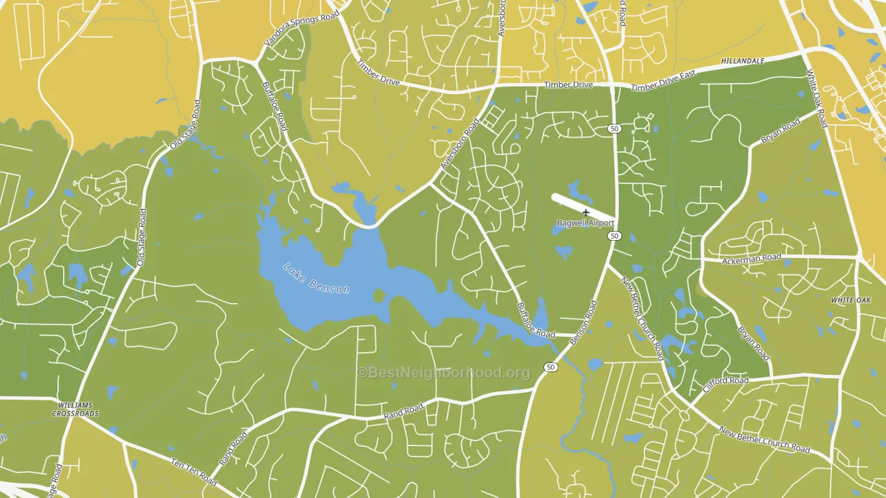 Map of the best neighborhoods in the Pine Hurst Park area, with better matches in green and worse matches in red
