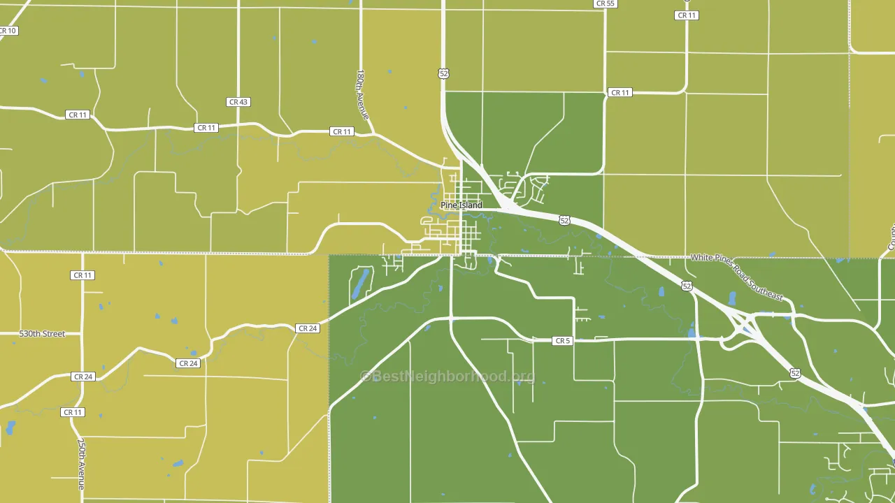 Map of the best neighborhoods in the Pine Island area, with better matches in green and worse matches in red