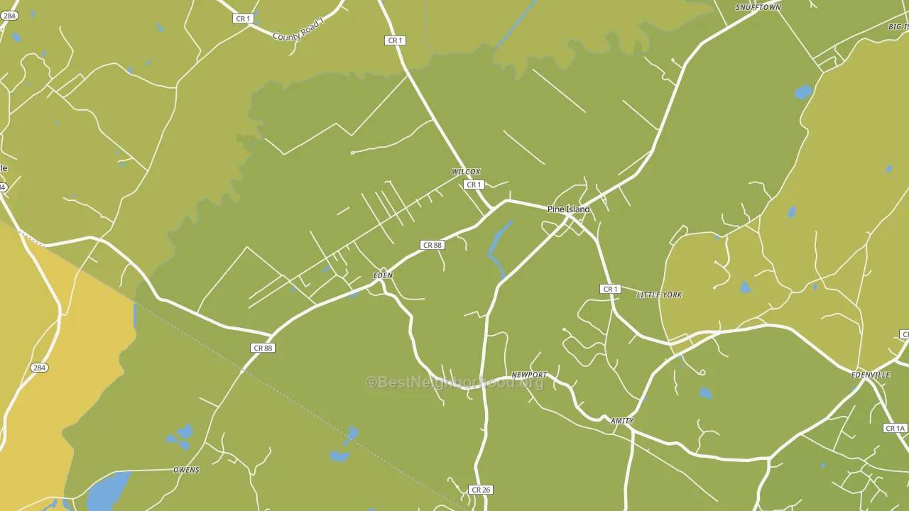 Map of the best neighborhoods in the Pine Island area, with better matches in green and worse matches in red