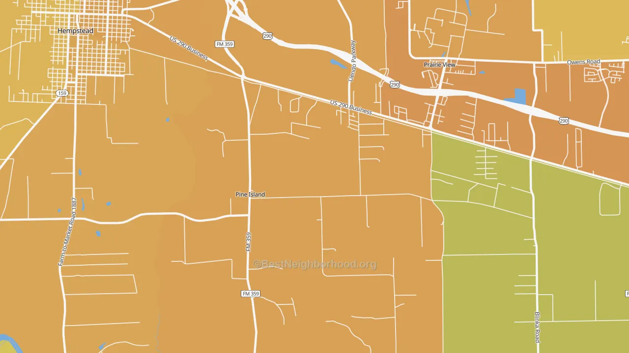 Map of the best neighborhoods in the Pine Island area, with better matches in green and worse matches in red
