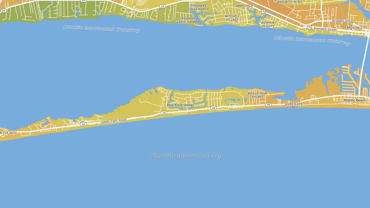 Map of the best neighborhoods in the Pine Knoll Shores area, with better matches in green and worse matches in red