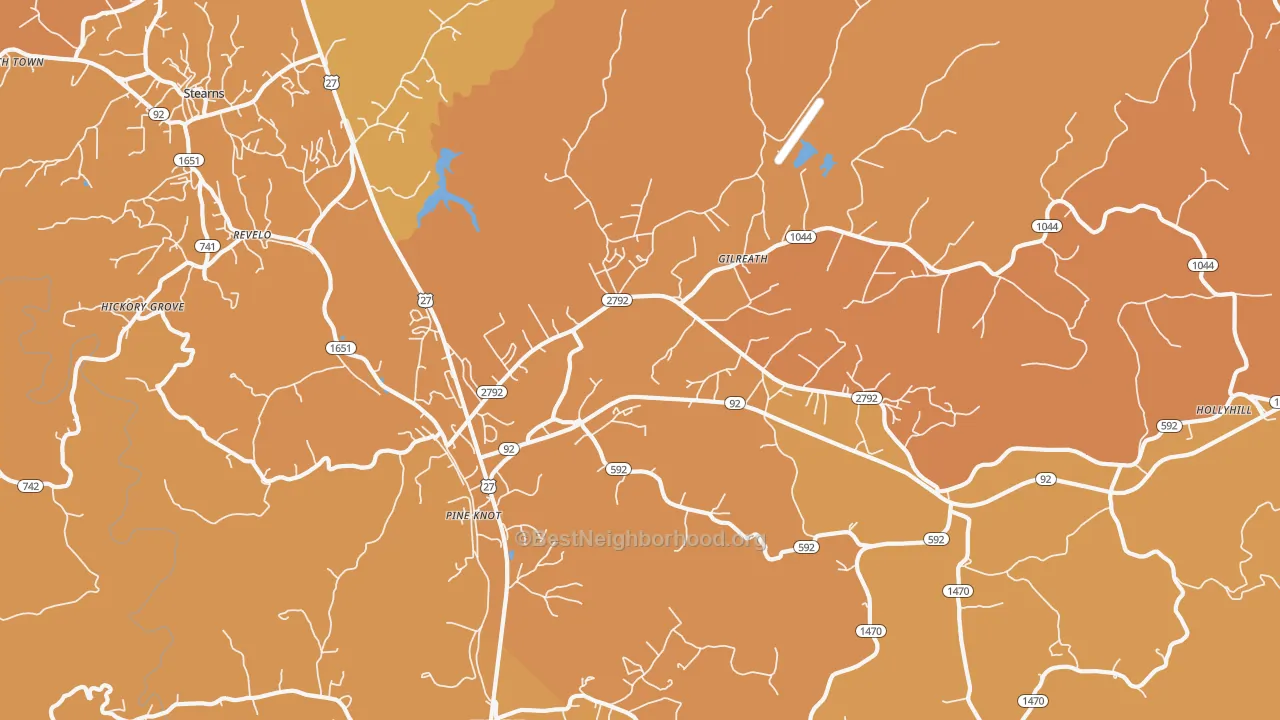 Map of the best neighborhoods in the Pine Knot area, with better matches in green and worse matches in red