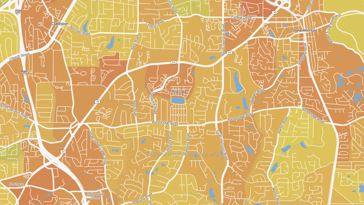 Map of the best neighborhoods in the Pine Lake area, with better matches in green and worse matches in red