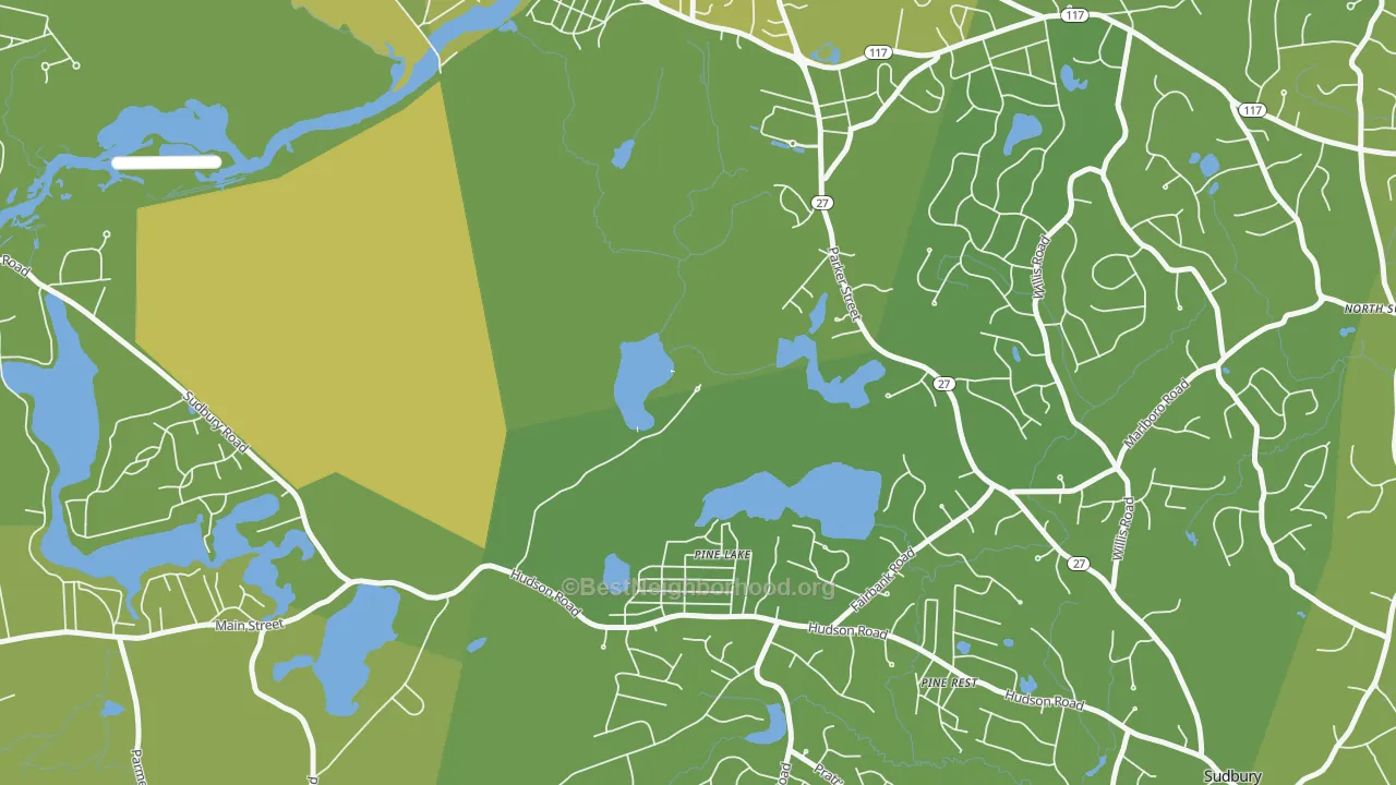 Map of the best neighborhoods in the Pine Lake area, with better matches in green and worse matches in red