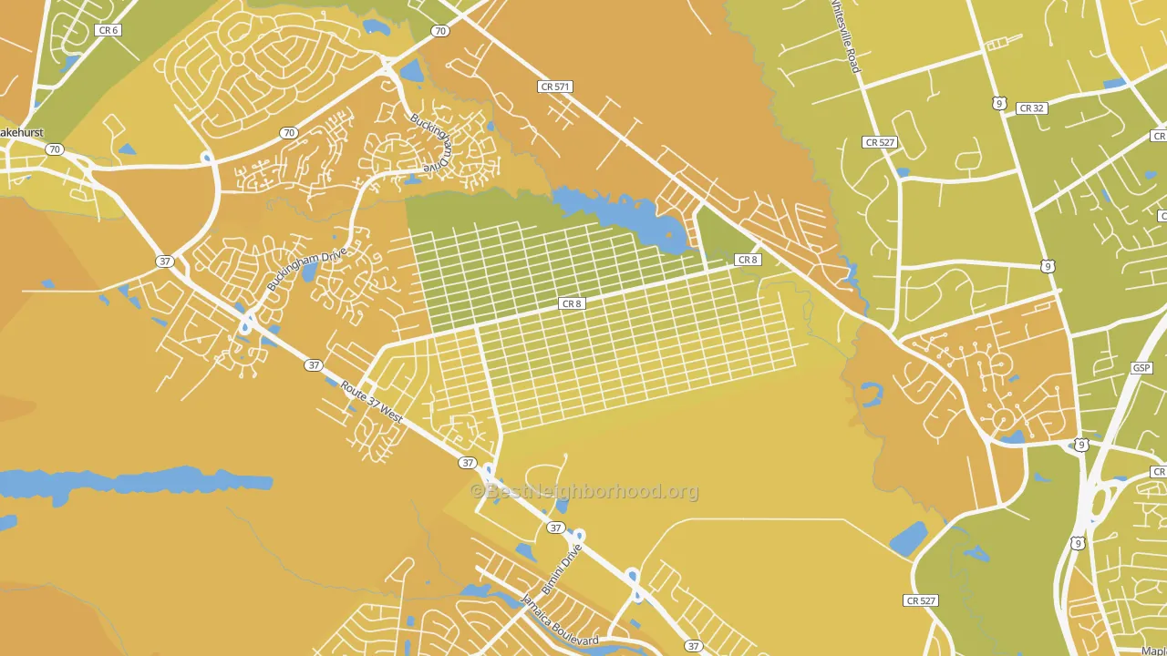 Map of the best neighborhoods in the Pine Lake Park area, with better matches in green and worse matches in red