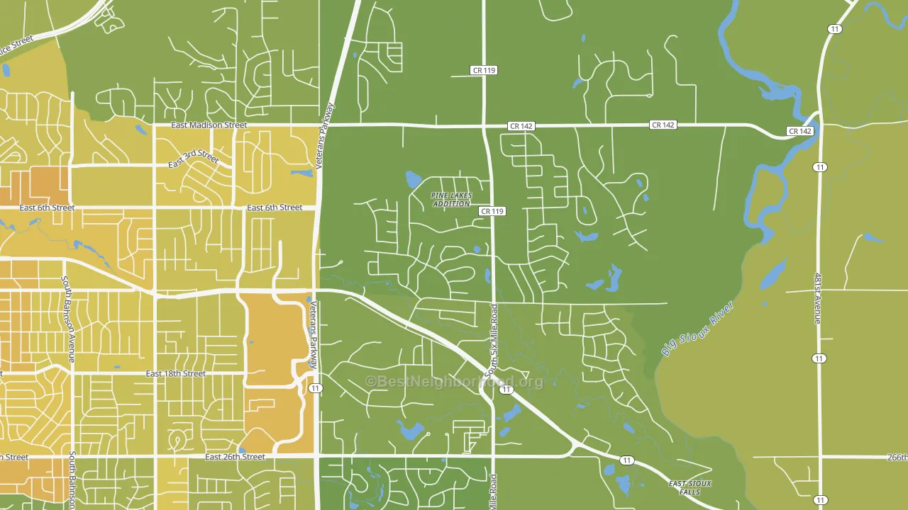 Map of the best neighborhoods in the Pine Lakes Addition area, with better matches in green and worse matches in red