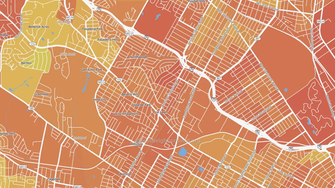 Map of the best neighborhoods in the Pine Lawn area, with better matches in green and worse matches in red