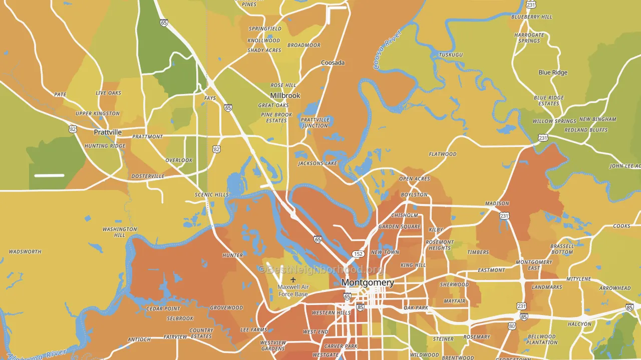 Map of the best neighborhoods in the Pine Level area, with better matches in green and worse matches in red
