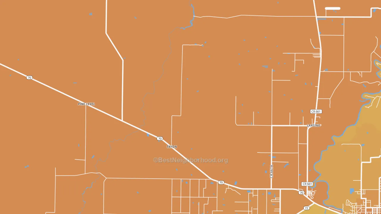 Map of the best neighborhoods in the Pine Level area, with better matches in green and worse matches in red
