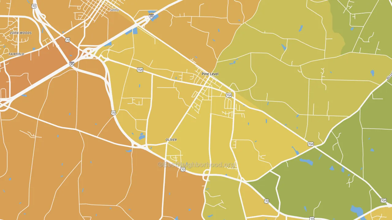 Map of the best neighborhoods in the Pine Level area, with better matches in green and worse matches in red