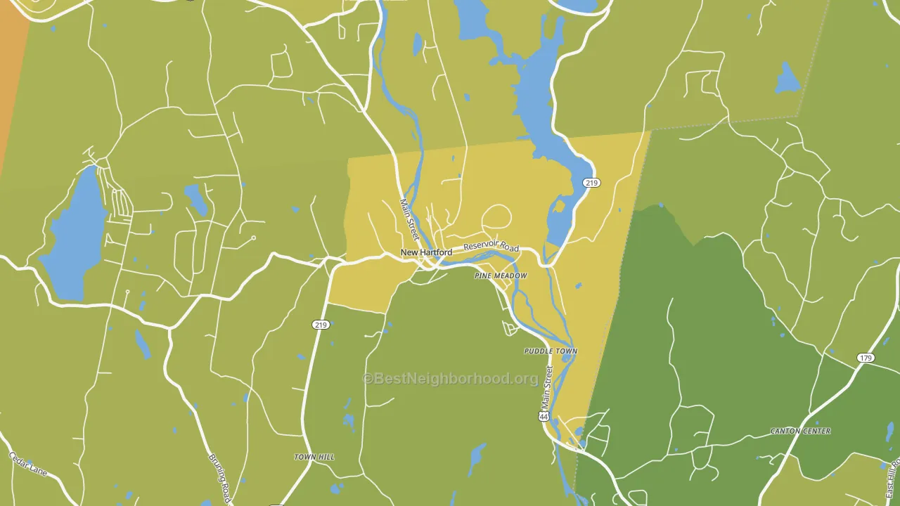 Map of the best neighborhoods in the Pine Meadow area, with better matches in green and worse matches in red