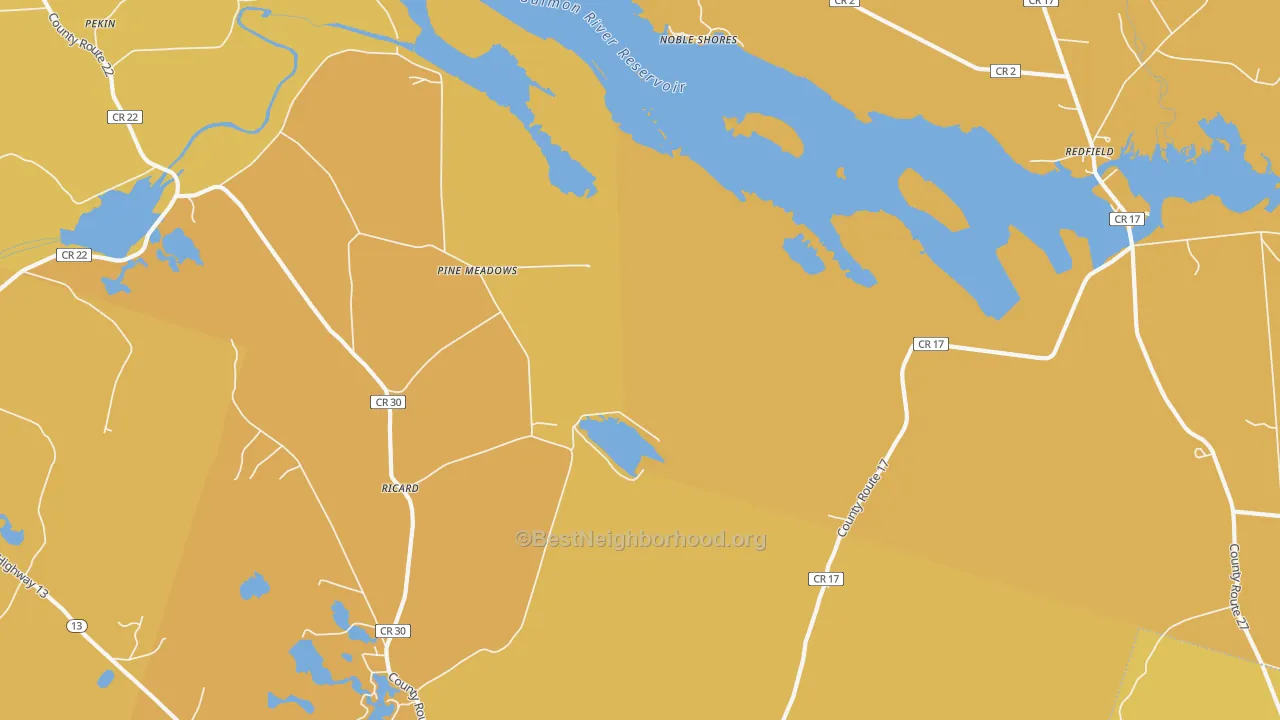 Map of the best neighborhoods in the Pine Meadows area, with better matches in green and worse matches in red