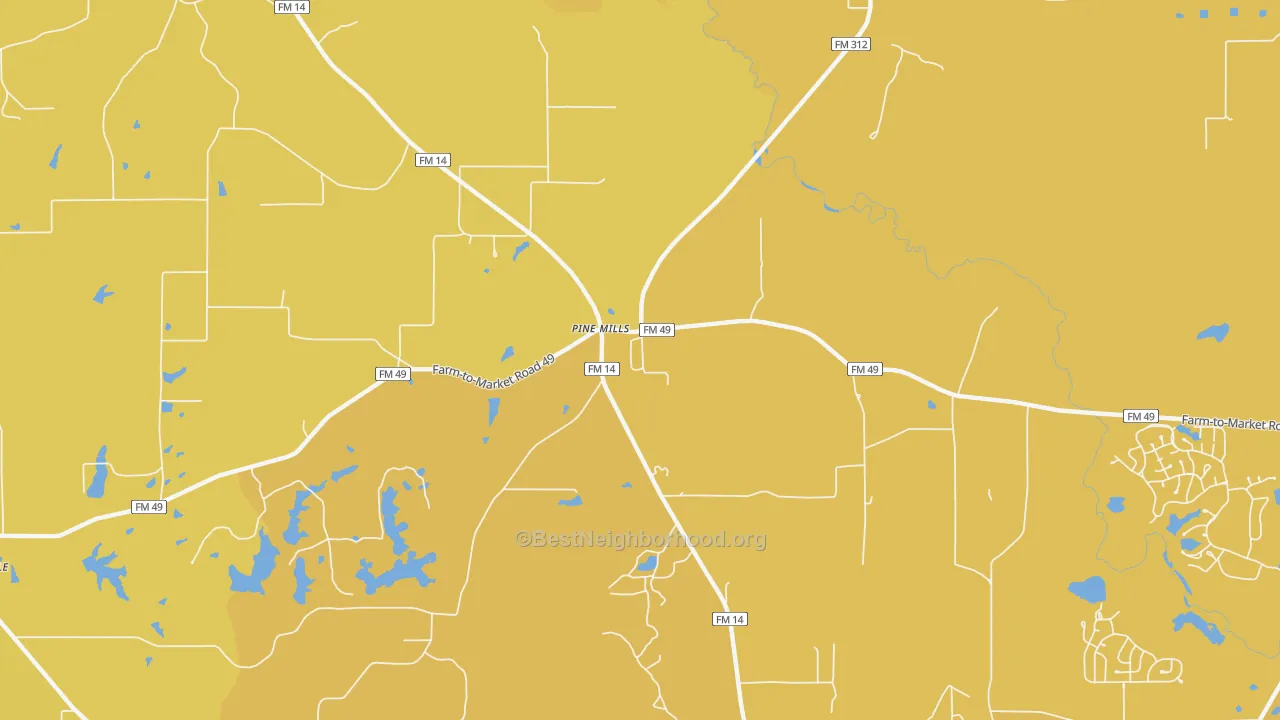 Map of the best neighborhoods in the Pine Mills area, with better matches in green and worse matches in red