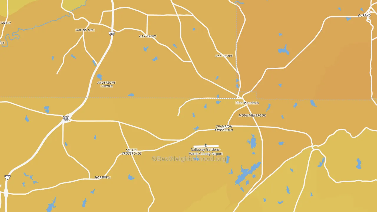 Map of the best neighborhoods in the Pine Mountain area, with better matches in green and worse matches in red