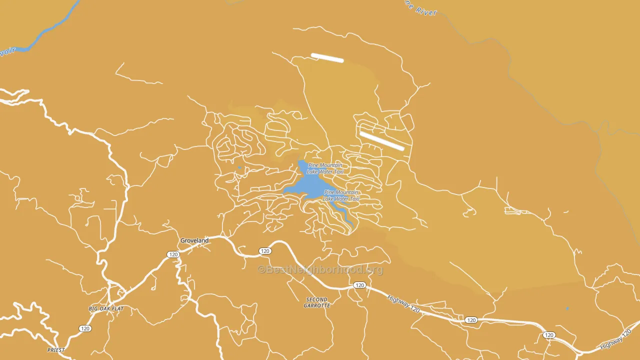 Map of the best neighborhoods in the Pine Mountain Lake area, with better matches in green and worse matches in red