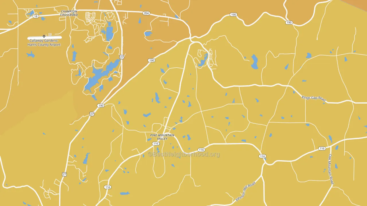 Map of the best neighborhoods in the Pine Mountain Valley area, with better matches in green and worse matches in red