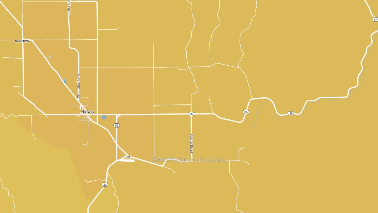 Map of the best neighborhoods in the Pine area, with better matches in green and worse matches in red