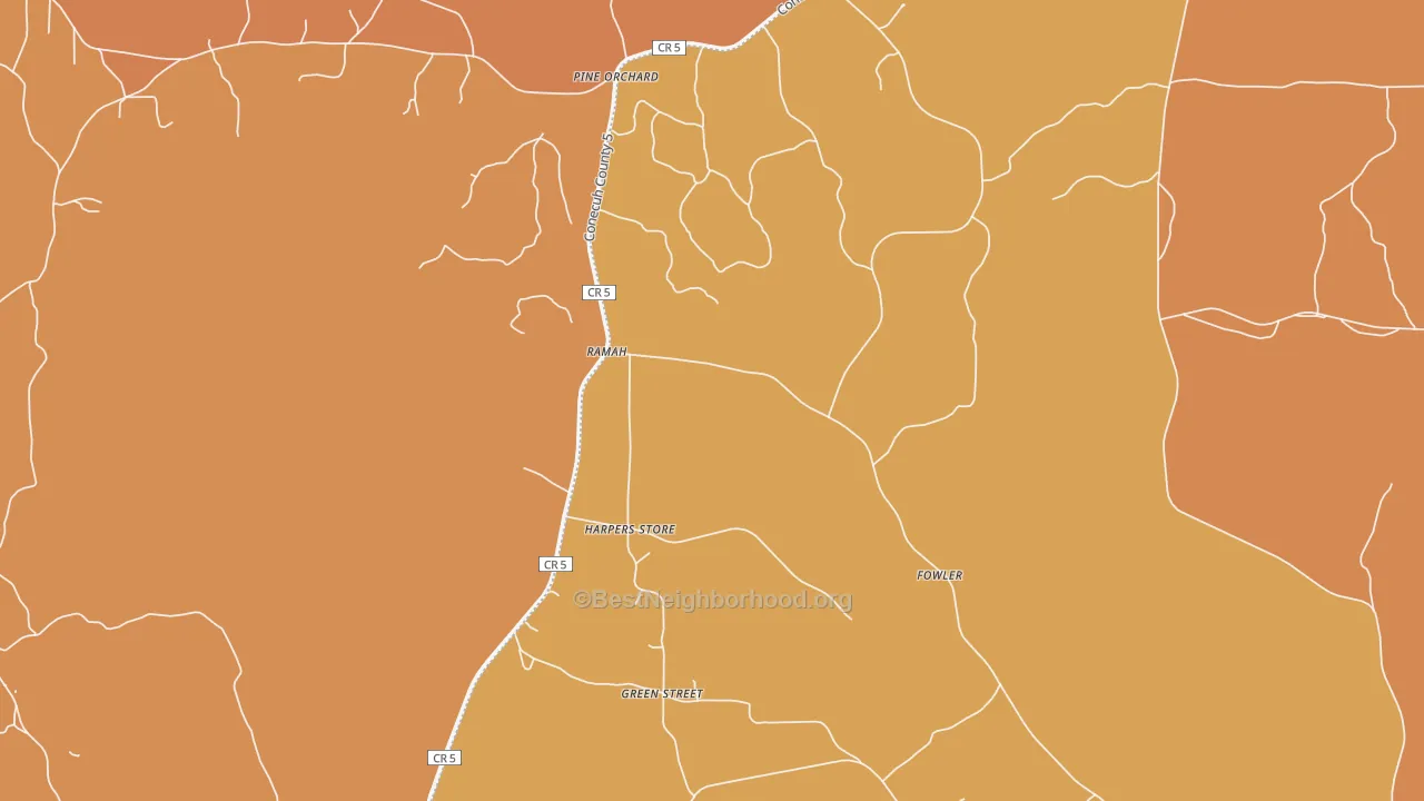 Map of the best neighborhoods in the Pine Orchard area, with better matches in green and worse matches in red