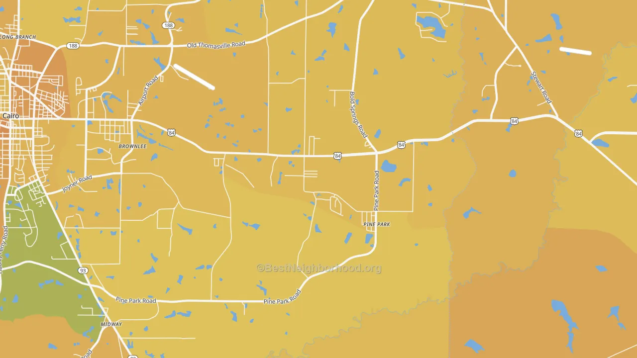 Map of the best neighborhoods in the Pine Park area, with better matches in green and worse matches in red