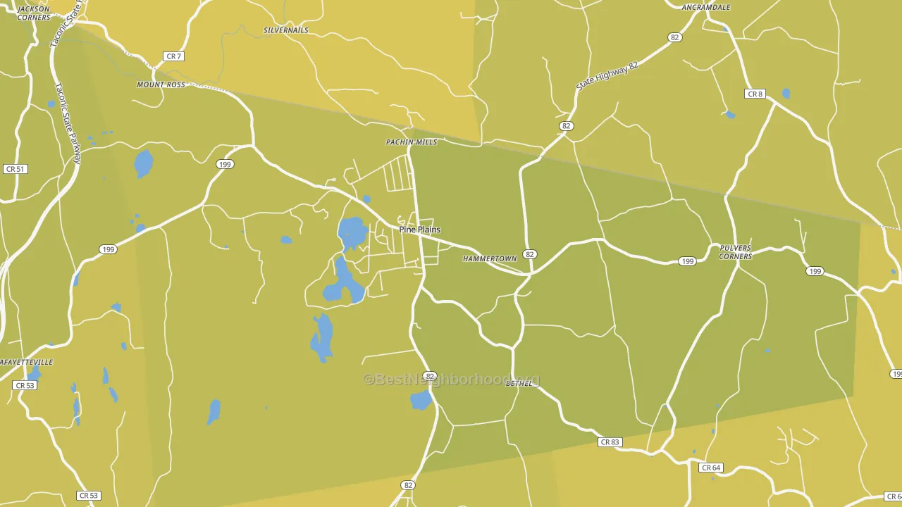 Map of the best neighborhoods in the Pine Plains area, with better matches in green and worse matches in red