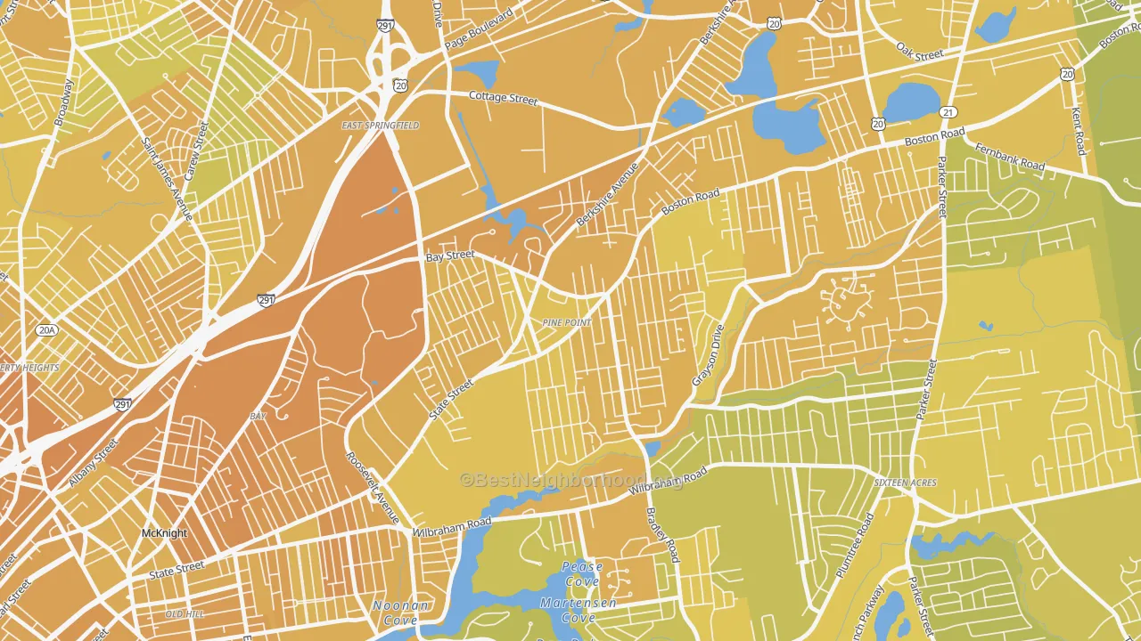 Map of the best neighborhoods in the Pine Point, Springfield area, with better matches in green and worse matches in red
