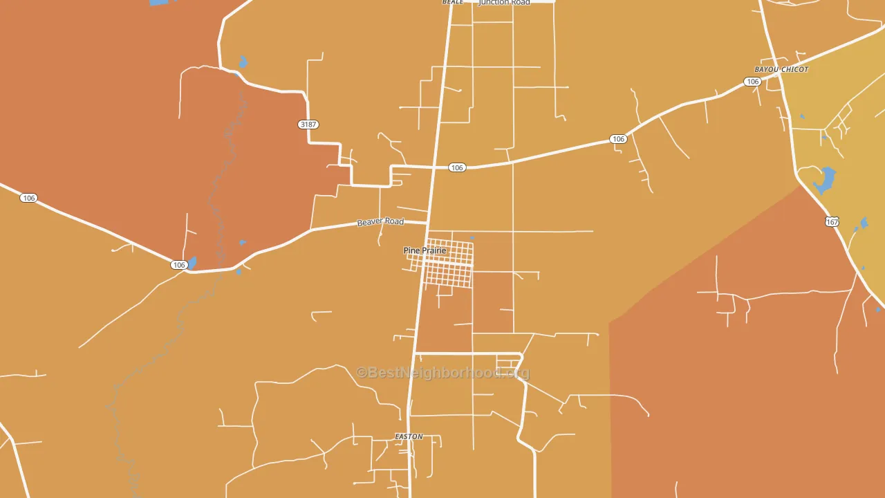 Map of the best neighborhoods in the Pine Prairie area, with better matches in green and worse matches in red
