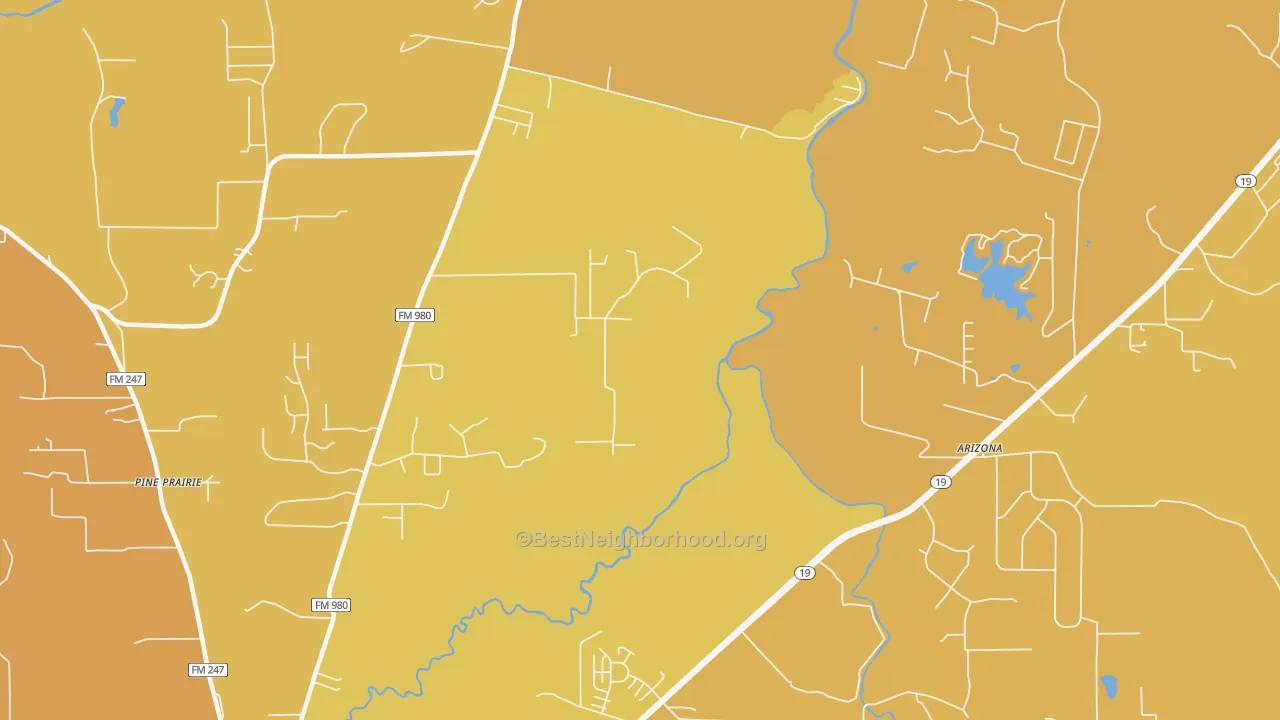 Map of the best neighborhoods in the Pine Prairie area, with better matches in green and worse matches in red
