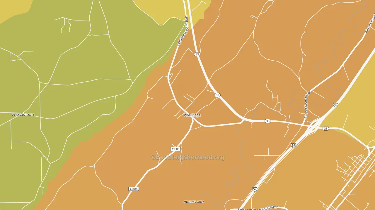 Map of the best neighborhoods in the Pine Ridge area, with better matches in green and worse matches in red