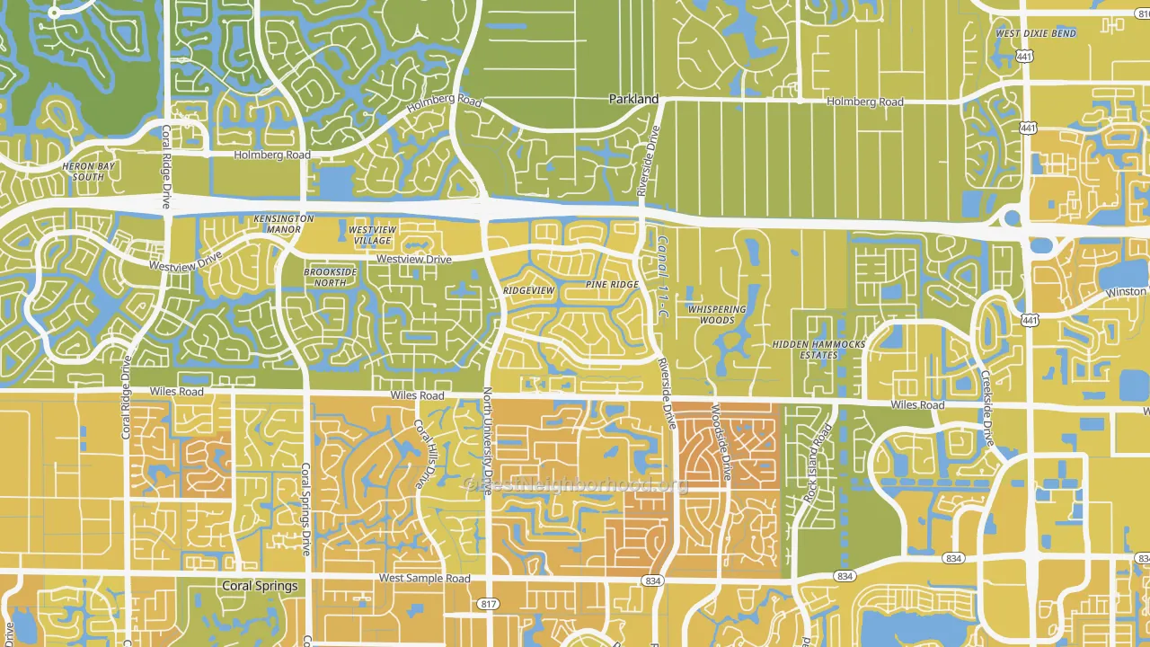 Map of the best neighborhoods in the Pine Ridge, Coral Springs area, with better matches in green and worse matches in red