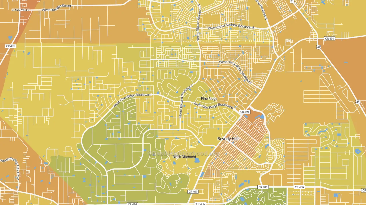 Map of the best neighborhoods in the Pine Ridge area, with better matches in green and worse matches in red